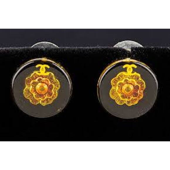 US BASED Authentic Vintage CHANEL Amber & Gold Camellia CC Earrings w gift bag - Picture 1 of 11